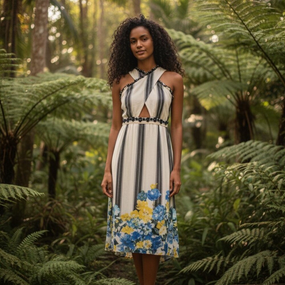 foxiedox Cream and Black Striped Midi Dress with Blue and Yellow Floral Border